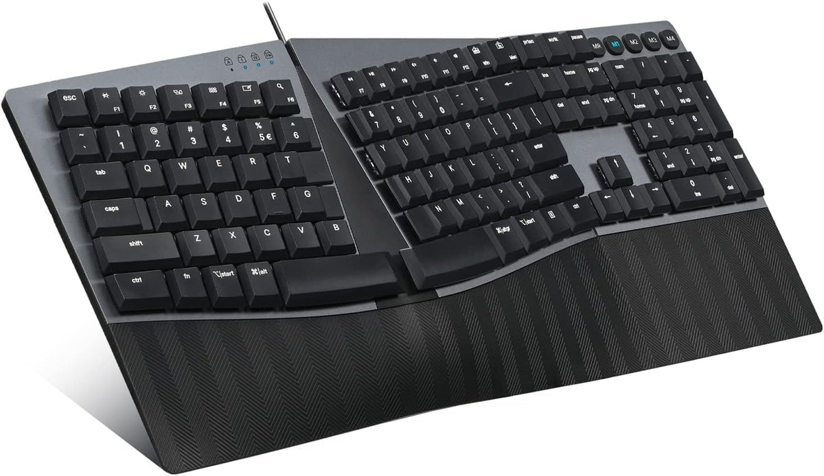 Perixx PERIBOARD-535BL Wired Ergonomic Mechanical Full-Size Keyboard - Low-Profile Blue Clicky Switches Programmable Feature with Macro Keys Compatible Windows and Mac OS X US English, Black