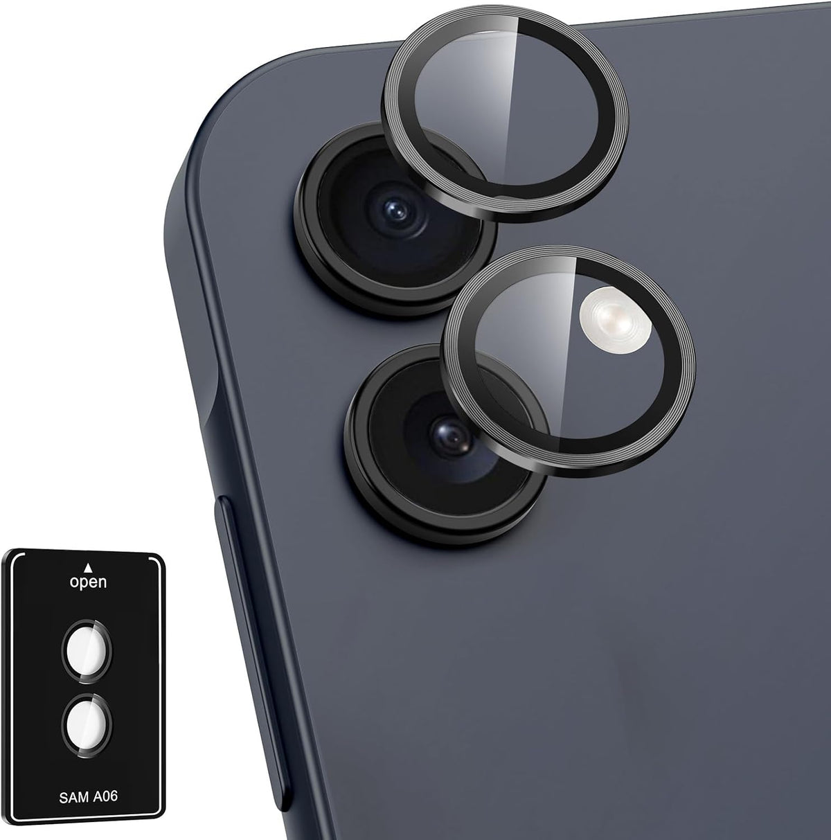for Samsung Galaxy A06 Camera Lens Protector, Individual Metal Ring Tempered Glass Lens Cover, [Strong Adsorption] Scratch Resistant Ultra-Thin HD Clear Lens Cover, 1 Set-Black