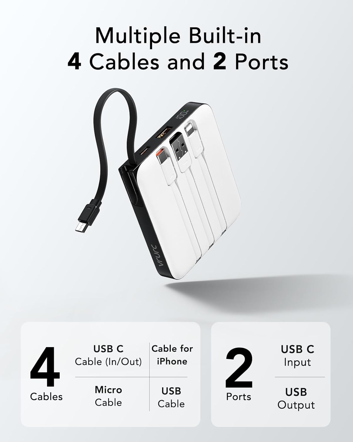 VRURC Portable Charger with Built-in 4 Cables, 10000mAh Battery Pack PD 20W for iPhone, 22.5W USB C Travel Power Bank for iPhone 16 15 14 13 Samsung Galaxy S23 S22 Google Android Phones, Whtie