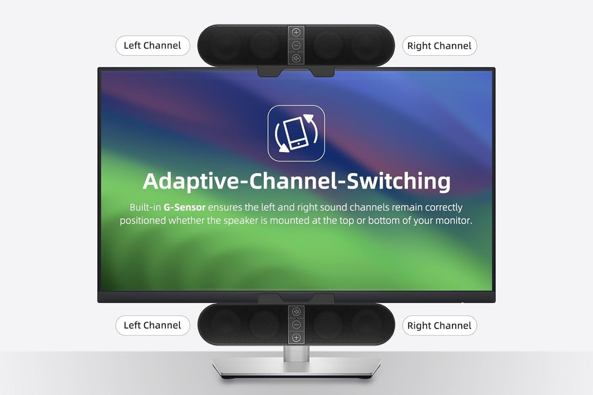 Computer Speakers for Desktop PC Monitor, USB Plug-in, Wired, Computer Soundbar for PC, Laptop Speakers with Adaptive-Channel-Switching, Loud Sound, Deep Bass, USB C Adapter, Easy to Clip on Monitor