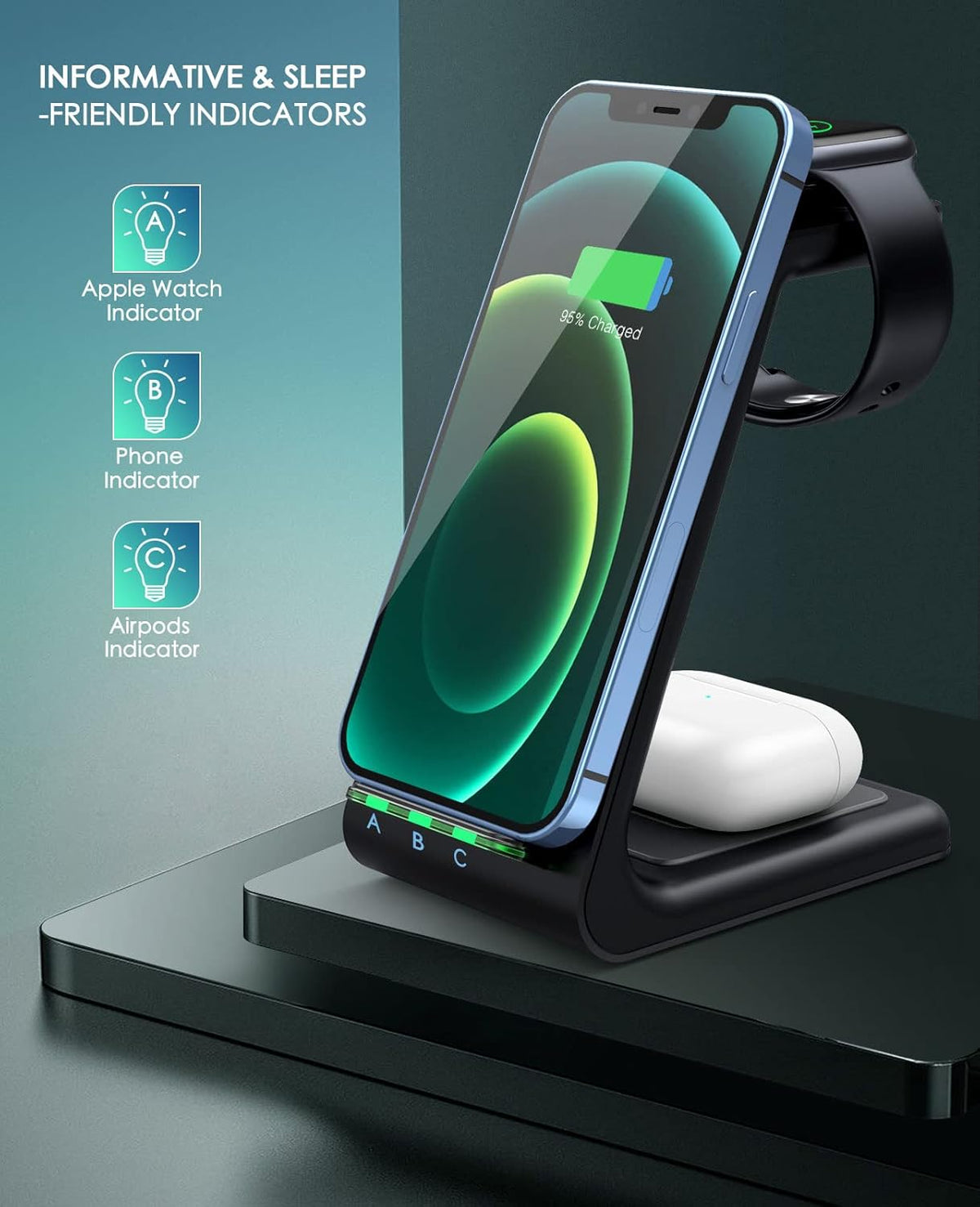 3 in 1 Wireless Charging Station, 2025 Upgraded Fast Desk Charger Station for iPhone 16 15 14 13 12 Pro Max Plus, Charger Stand for Apple Watch 10 9 8 7 6 5 4 3 2 SE, Airpods 4 3 2 Pro(Black)