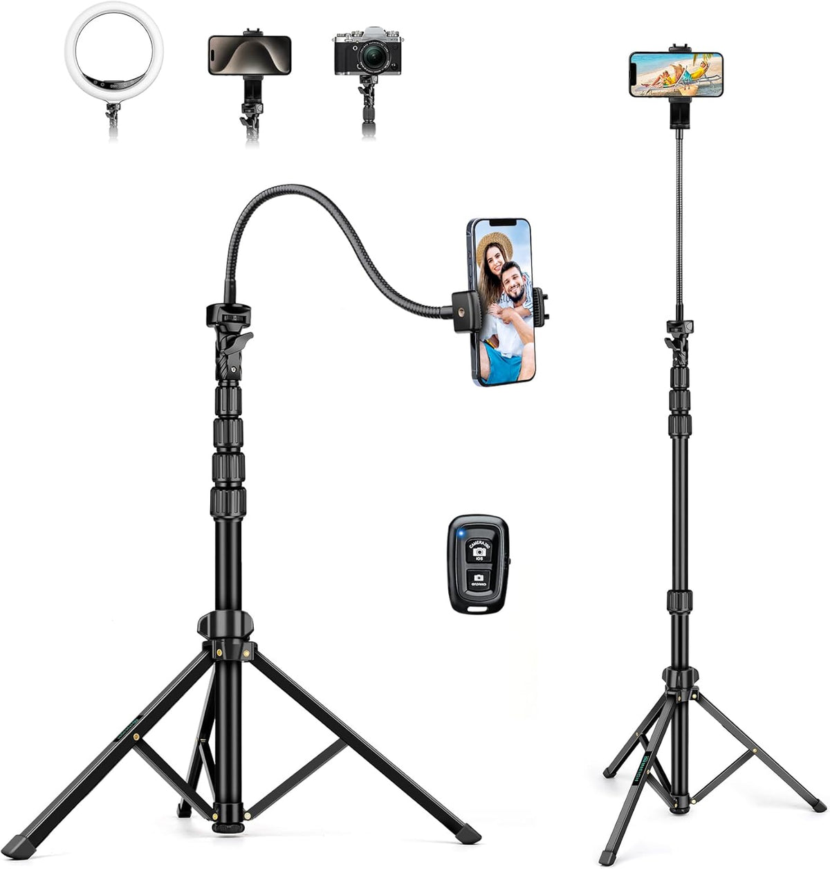 88" Tripod for iPhone, Phone Tripod with Gooseneck and Remote, Portable Cell Phone Tripod Compatible with Smartphone/Camera/Gopro, iPhone Tripod Stand for Video Recording Selfies Vlogging