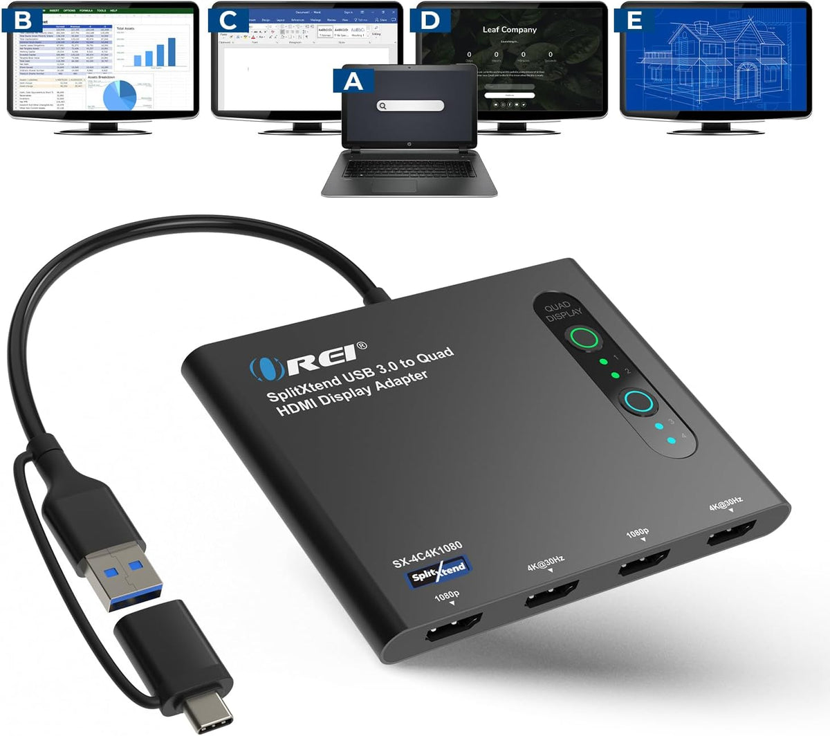 OREI SplitExtend HDMI Splitter Extended Display for Quad Monitor - Multi-Monitor Display 5 Separate Screens - USB-C Adapter to HDMI 2.0, 4K@30Hz Outputs - Windows and Mac Compatible