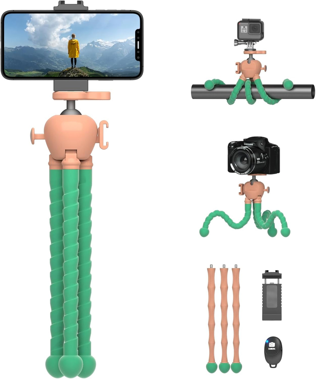 Phone Tripod with Wireless Remote - 2 in 1 Replaceable Flexible Tripod for iPhone, Portable Selfie Stick for Video Recording Vlogging - Compatible with iPhone Android Go Pro, Digital Camera