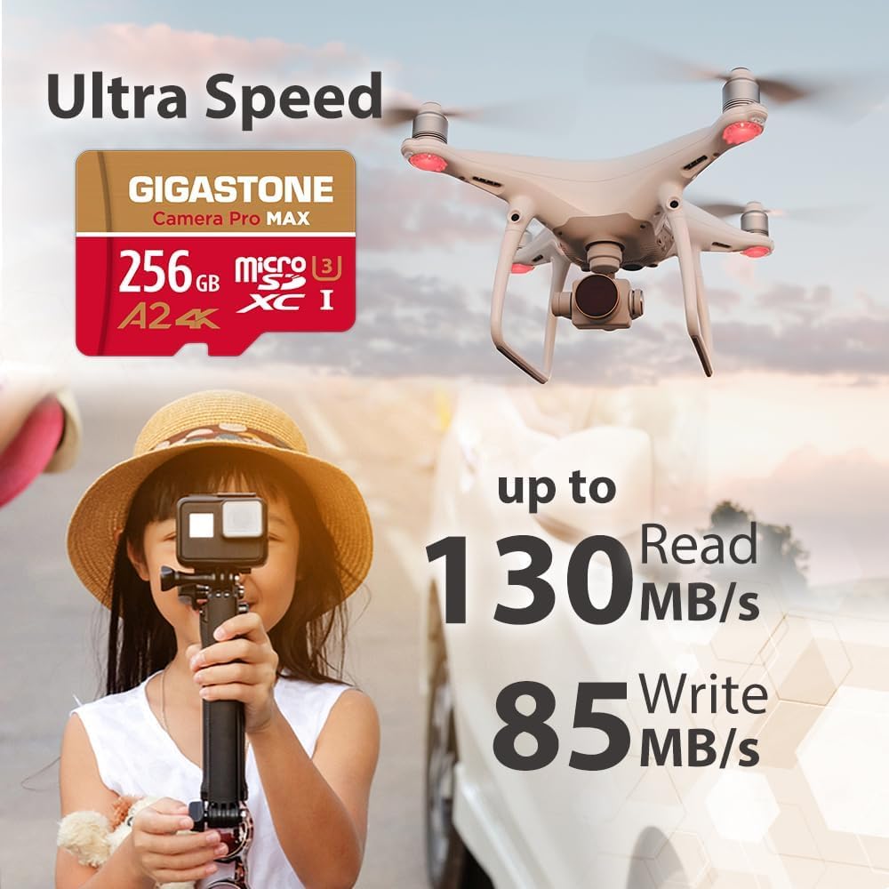 [5-Yrs Free Data Recovery] GIGASTONE 256GB Micro SD Card with USB 3.2 Type C Card Reader, 4K Camera Pro MAX, Speed Up to 130MB/s Compatible with Gopro, DJI, Dash Cam, MicroSDXC UHS-I A2 V30 U3