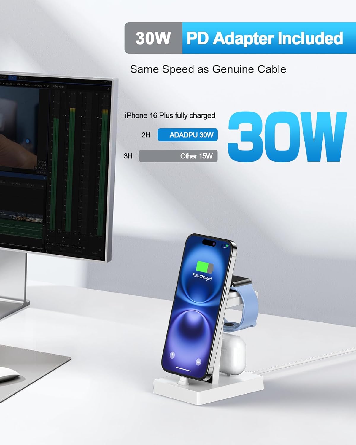 30W Fast Charging Station for Apple Devices - ADADPU 3 in 1 USB C Charger Stand for iPhone 16 15 Pro Max Plus & AirPods 4, Wireless Charger Dock Compatible with Apple Watch Ultra/10/9/8/7/6/5/4/3/2/SE
