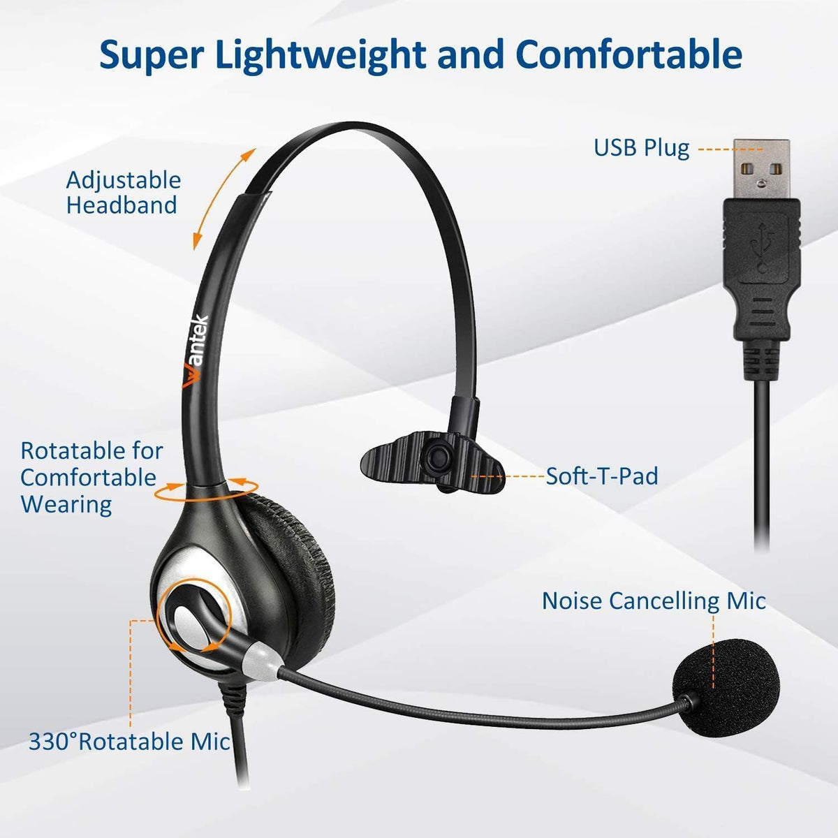 USB Headset with Microphone Noise Cancelling & Audio Controls, Computer Headphones for PC Laptop, Business, Home Office, Call Center, Skype, Zoom, Webinar, Clear Chat, Super Light,Single