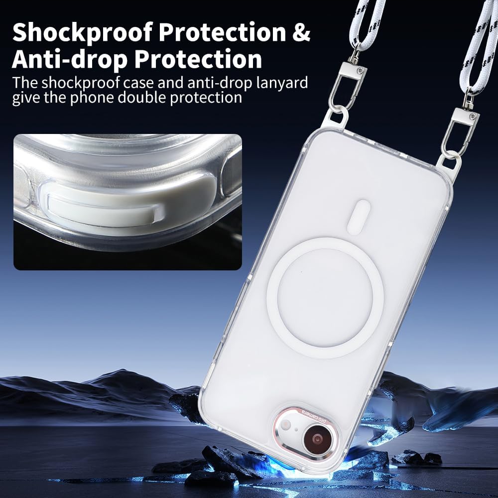 for iPhone 16e Case with Adjustable Phone Lanyard Strap, Compatible with MagSafe, Shockproof Military-Grade Protection, Magnetic Phone Case, Classic Clear White Hybrid Case, Yellowing Resistant