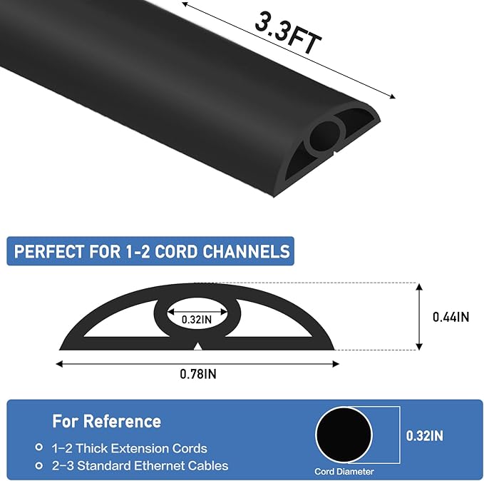Floor Cord Cover Self Adhesive Cord Hider Floor Extension Cord Covers for Floor Power Cord Protector Cable Management Prevent Cable Trips Cable Cavity 0.32" W x 0.32" H (Black, 3.3Ft)