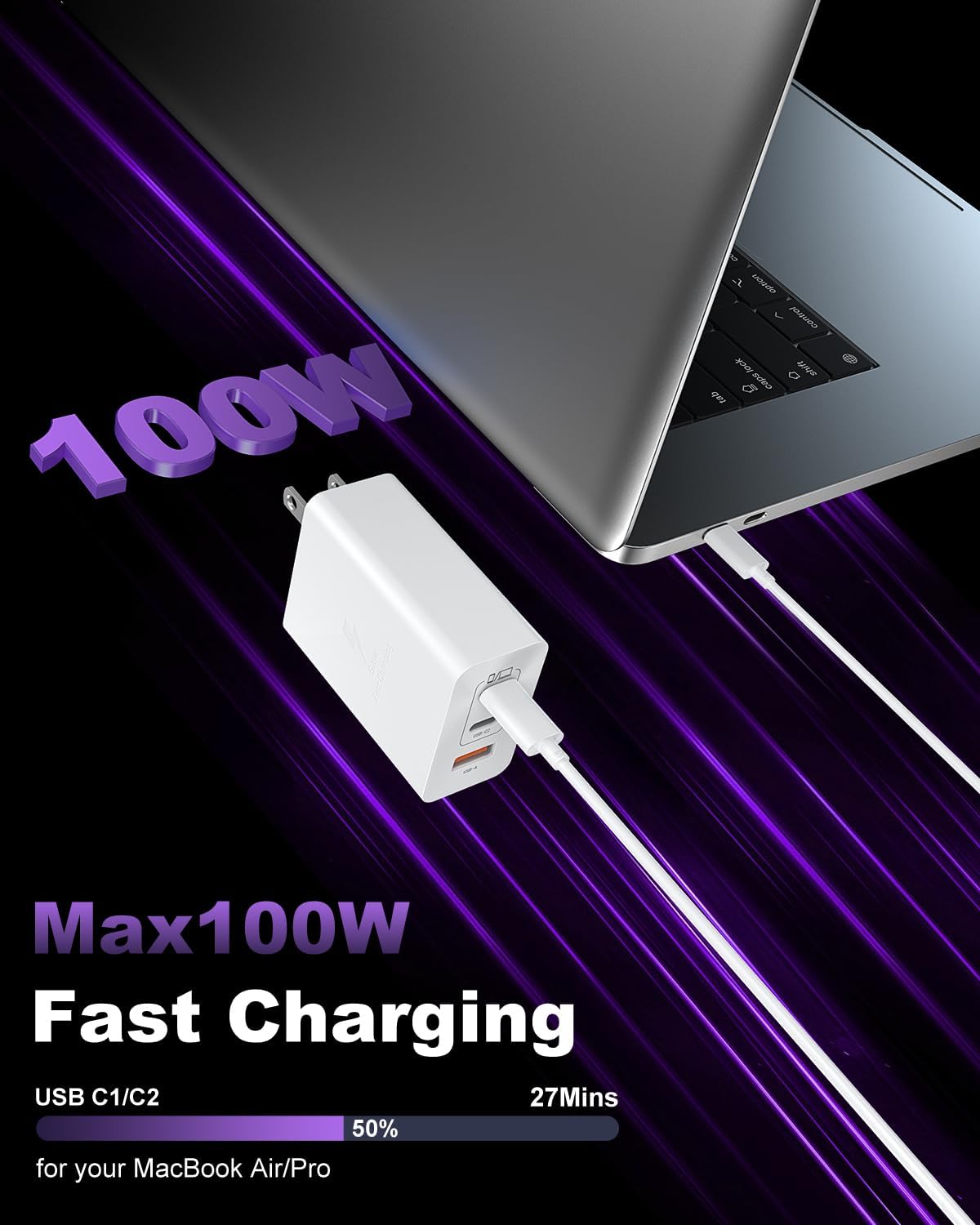 USB C Charger Block 100W, 3-Port GaN Super Fast Charger, Type C Wall Charger Adapter with 10ft USB C Charging Cable for MacBook Pro/Air,iPad Pro, iPhone 16/15Pro, S25/S24/S23 and More[2 Pack]