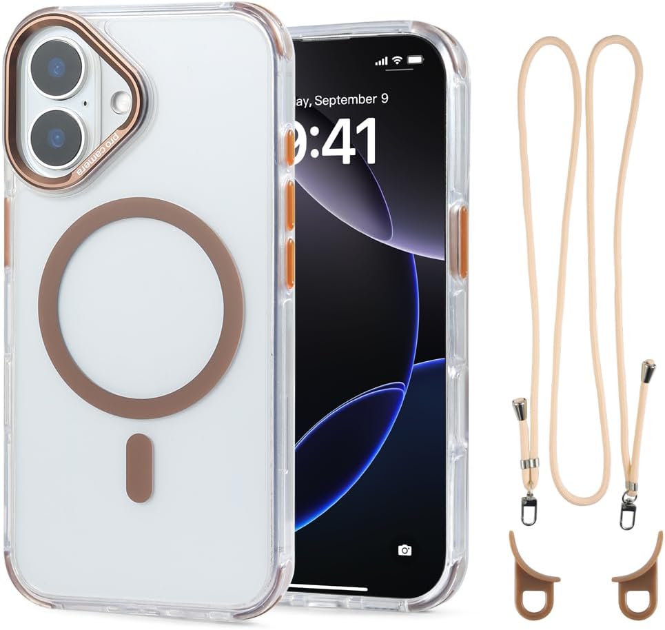 for iPhone 16 Case with 62.99 inch Lanyard, Classic Clear&Brown Magnetic Phone Case, Drop&Shockproof Protection Cases, Phone Lanyard for Around The Neck, Compatible with Magnet Accessory