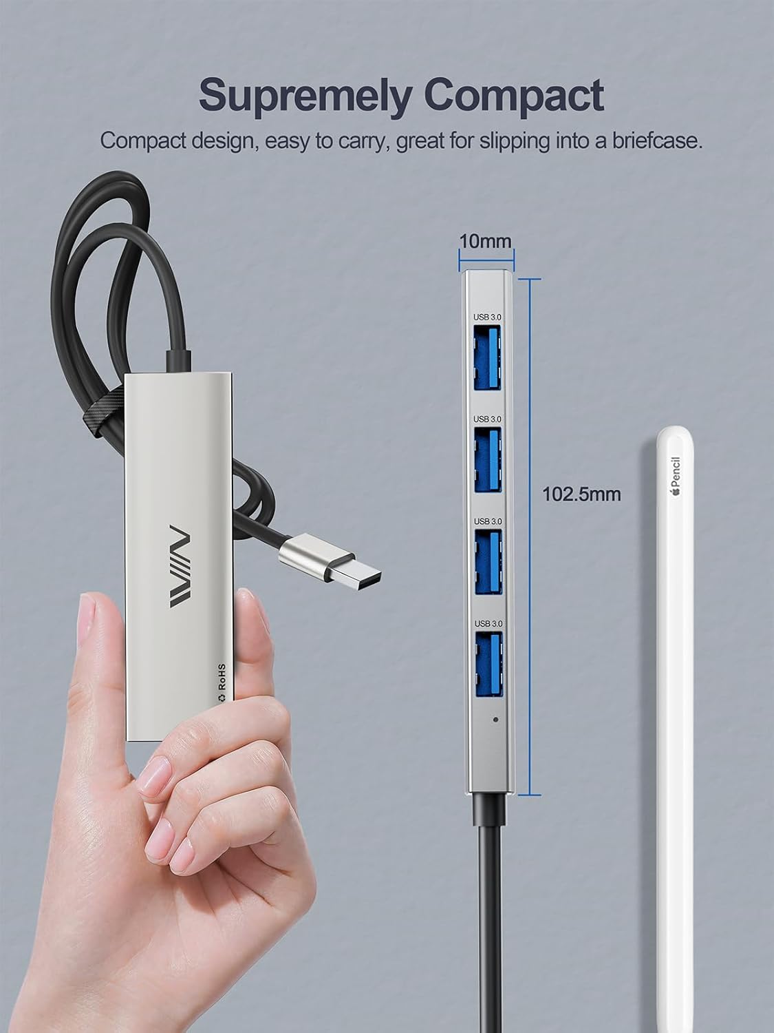 USB 3.0 Hub,4 Port USB Splitter Extender Portable Adapter Multiport Data Hub for Laptop,Xbox,Flash Drive,HDD,Console,Camera,Keyborad,Mouse Windows,Mac OS PC,Not Designed to Charge Devices-Silver