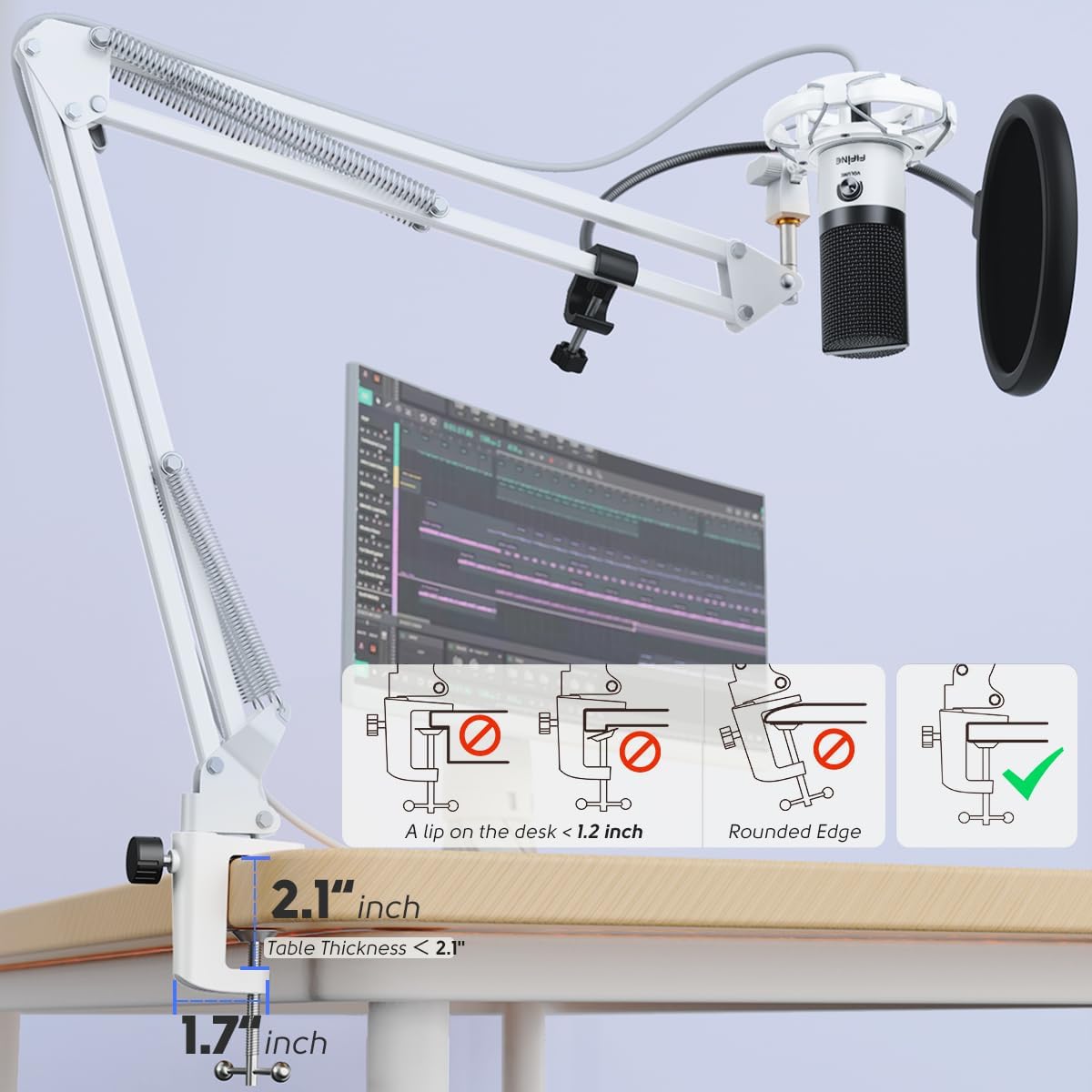 FIFINE USB Recording Microphone Kit, Studio Condenser Microphone for Vocals Music Creation, Voice-Over, Singing with Metal Boom Arm, 16mm Diaphragm, Podcast Mic Set-T669 White