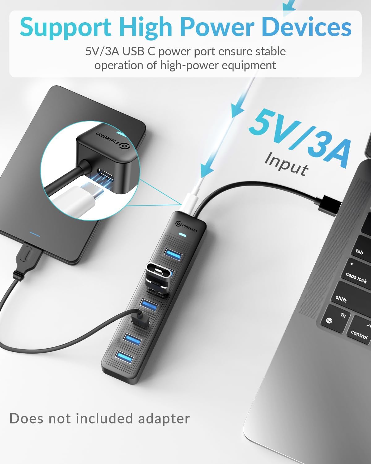 PHIXERO 7 Port USB Hub 3.2 with 15CM Long Cable, Multiport Adapter and Splitter for PC, Compatible with All USB 3.0/2.0/1.1 Devices