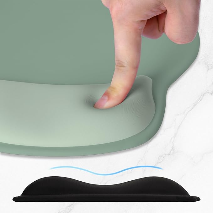 ITNRSIIET Ergonomic Mouse Pad with Wider Memory Foam Wrist Rest +17%, Curved Cushion Reduces Pressure 20%, Pain Relief, Non-Slip, Smooth, Cute Color Desk Accessory, 9.85 x 9 inch, Sage Mint Gradient