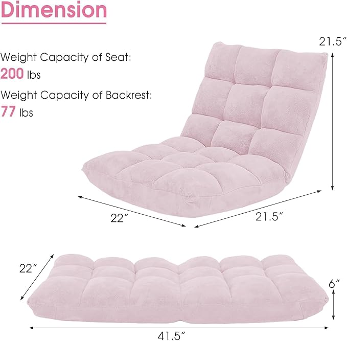 KOMFOTT 14-Position Adjustable Floor Chair with Back Support - Folding Padded Gaming Sofa Chair for Reading Meditation Living Room Lazy Lounge Video Gaming - Light Pink