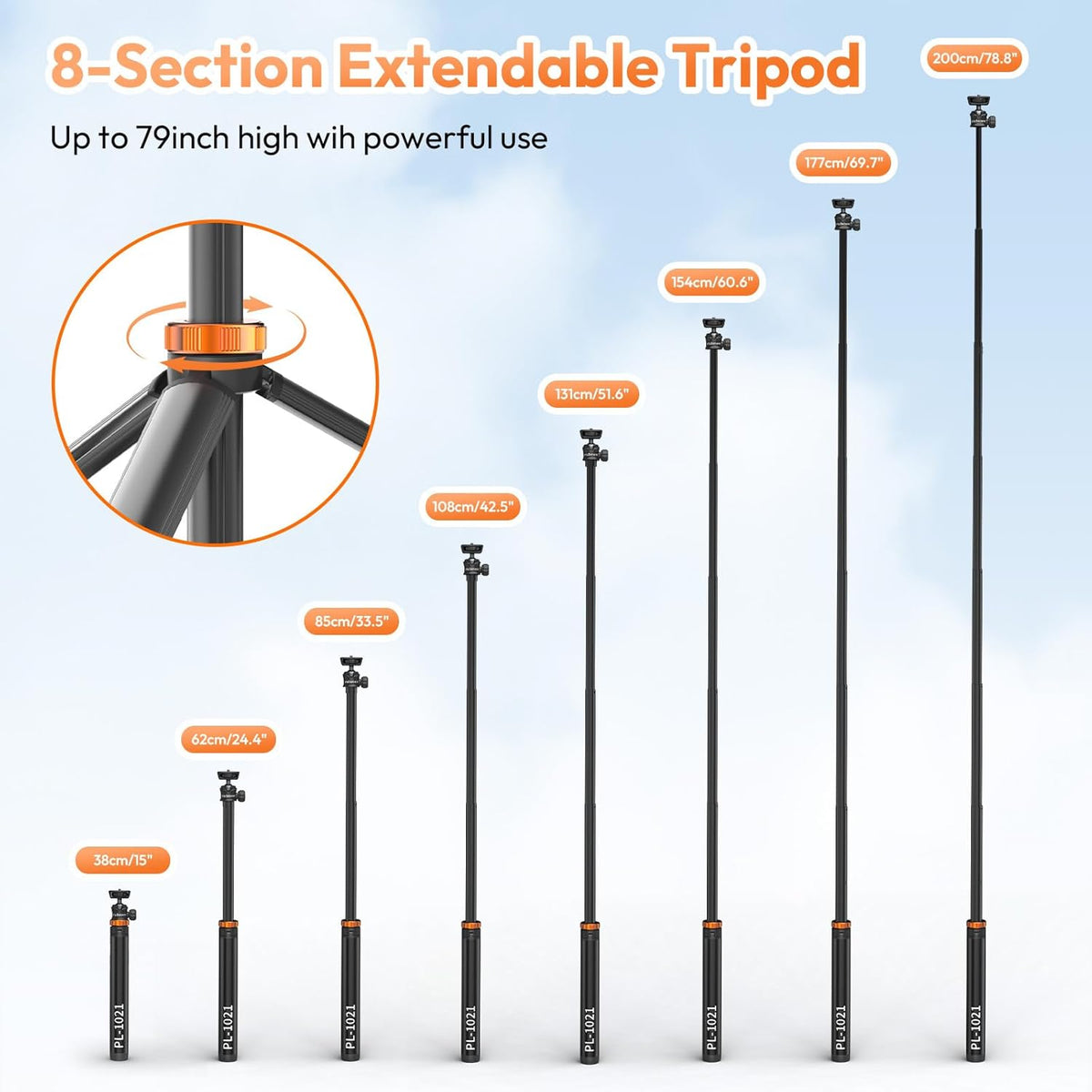 79" 1/4" 360 Extendable Tripod Aluminum, Portable Adjustable Light Stand with Screw, Ball Head Camera Phone Tripod