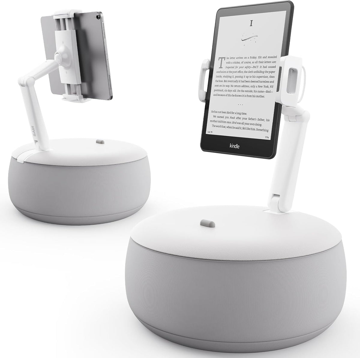 SAIJI Kindle Holder Pillow, Tablet Holder Compatible with 4.7-15.6” Kindle, Phone, Ipad, 360° Adjustable Tablet Stand for Bed with Flexible Dual Axis Arm & Microbead Cushion (Gray)