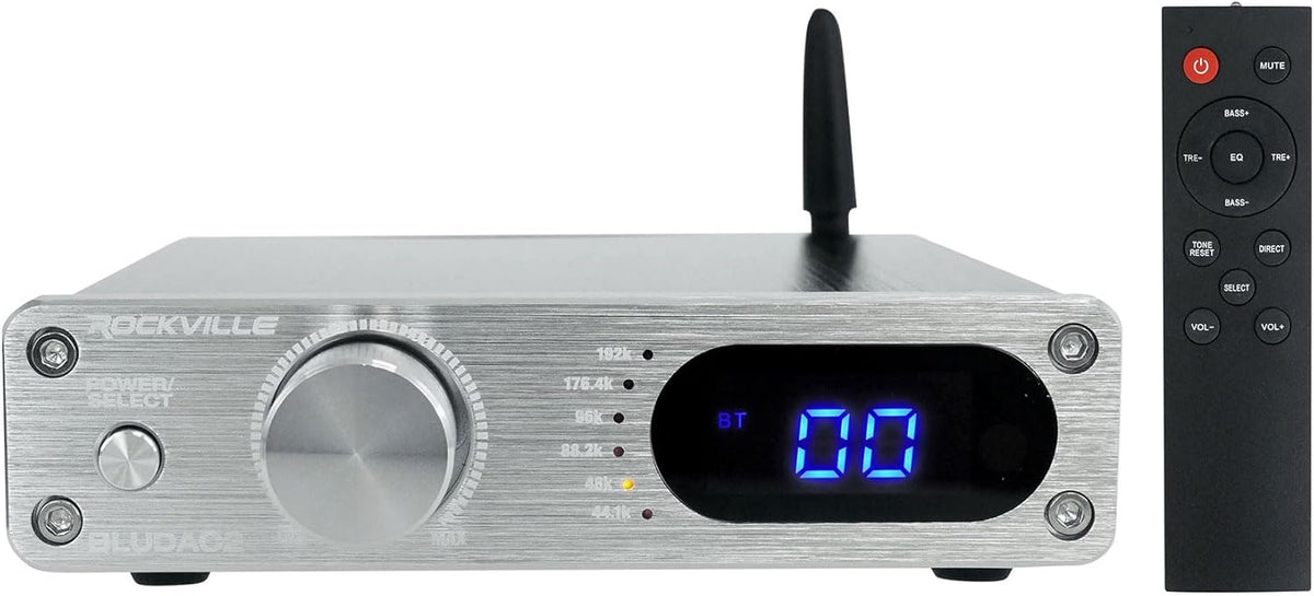 Rockville BLUDAC2S 150W Hi-Res 192K Amplifier Bluetooth Receiver w/USB, Optical, Coax, Sub Out, Class-D, DSP EQ, Remote, Brushed Aluminum, Compact Design, for Home Theater & Music