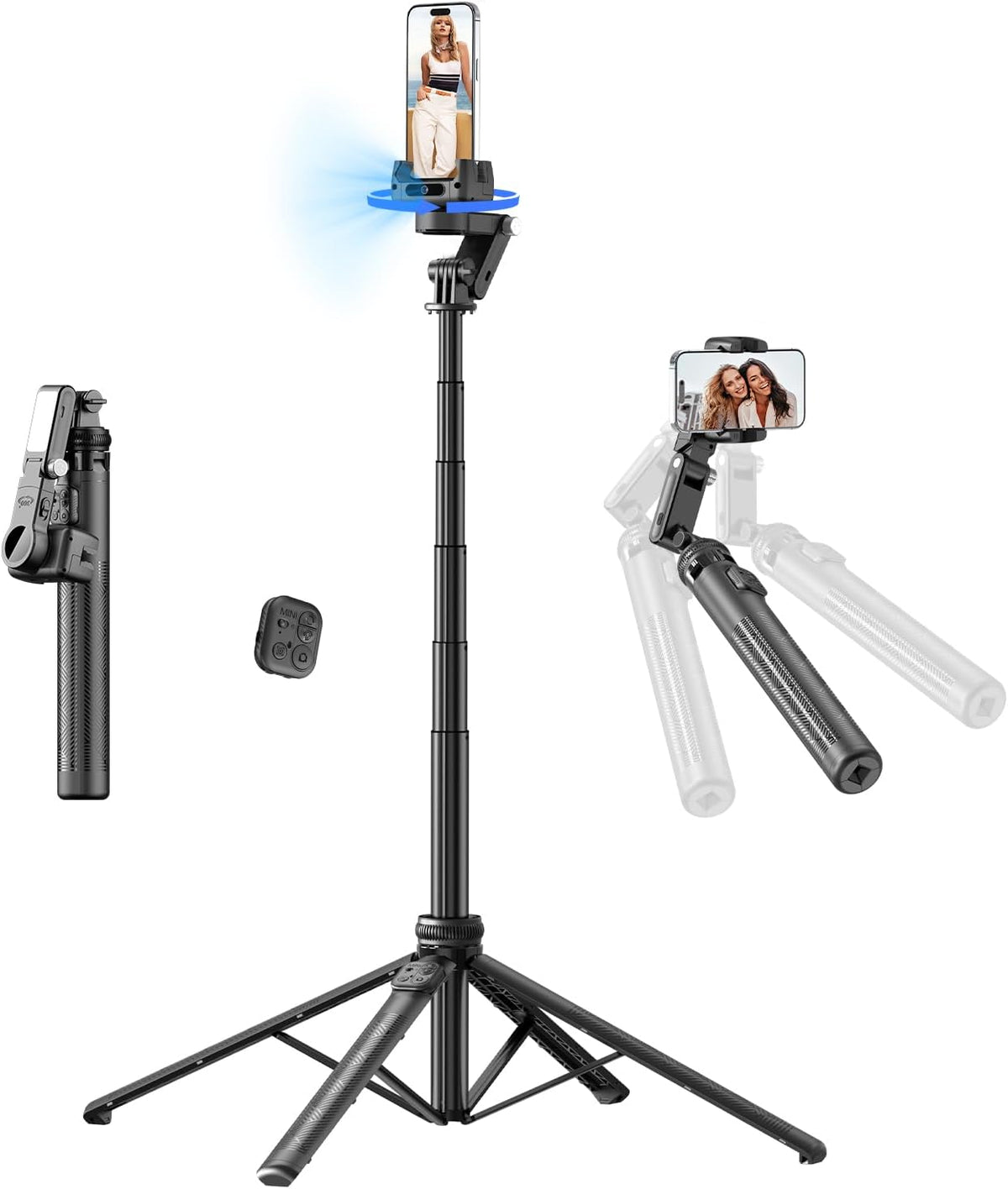 Auto Face Tracking Selfie Stick Tripod for iPhone with Light - 360 Rotation That Follows Your Movement -160cm Phone Camera Tripod Stand with Remote for Vlogging, Live Streaming, Video Recording