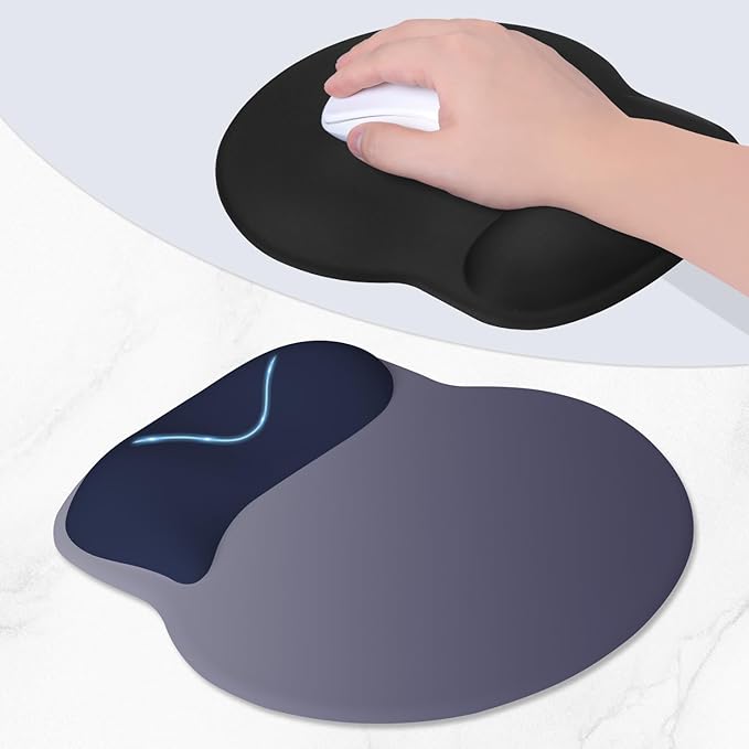 ITNRSIIET Ergonomic Mouse Pad with Wider Memory Foam Wrist Rest +17% - Curved Cushion Reduces Pressure 20%, Pain Relief, Non-Slip, Smooth, Cute Colors, 9.85 x 9 in, Gray Blue Gradient