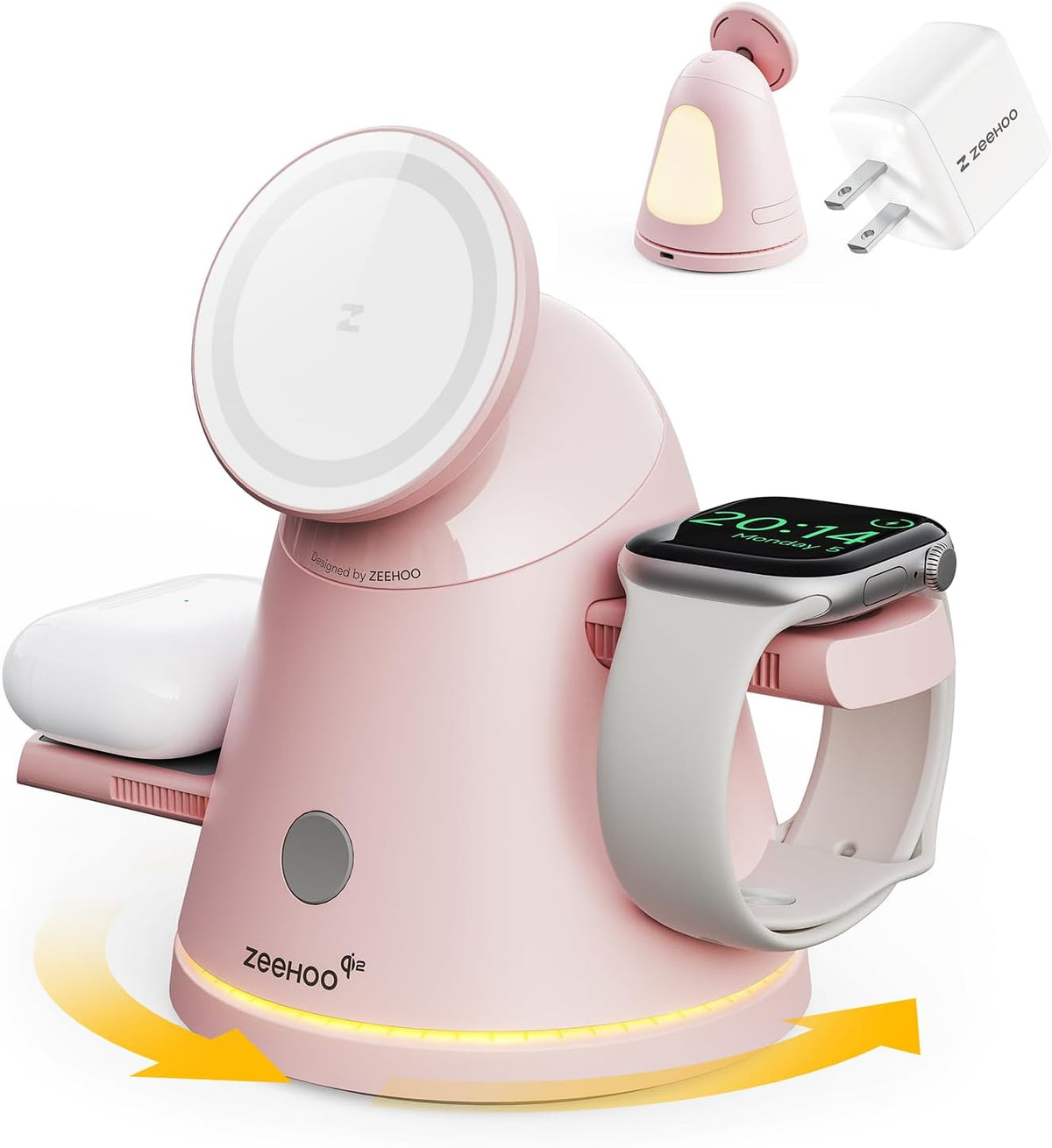 ZEEHOO 4 in 1 Wireless Charging Station for Apple,Mag-Safe Charger &Dimmable Light,Qi2 15W Rotating Fast Wireless Charger for iPhone 16,15,14,13,12&Pixel10&AirPods& iWatch&Samsung Watch(30W Adapter)