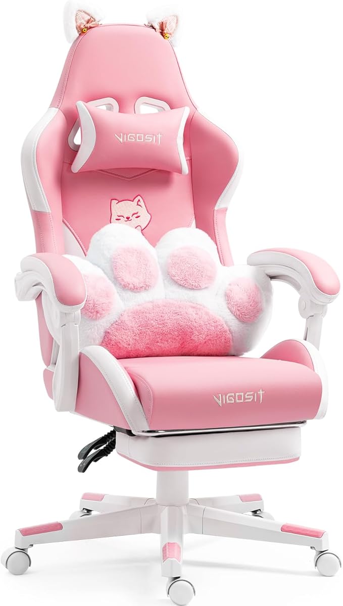 Pink Cat Ear Gaming Chair with Footrest - Cute Gaming Chair for Girls 310lbs Capacity Adjustable Height &amp Lumbar Support Ergonomic Computer Chair for Teens
