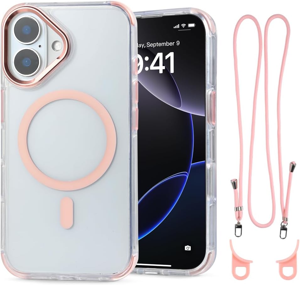 for iPhone 16 Case with 62.99 inch Lanyard, Classic Clear&Pink Magnetic Phone Case, Drop&Shockproof Protection Cases, Phone Lanyard for Around The Neck, Compatible with Magnet Accessory