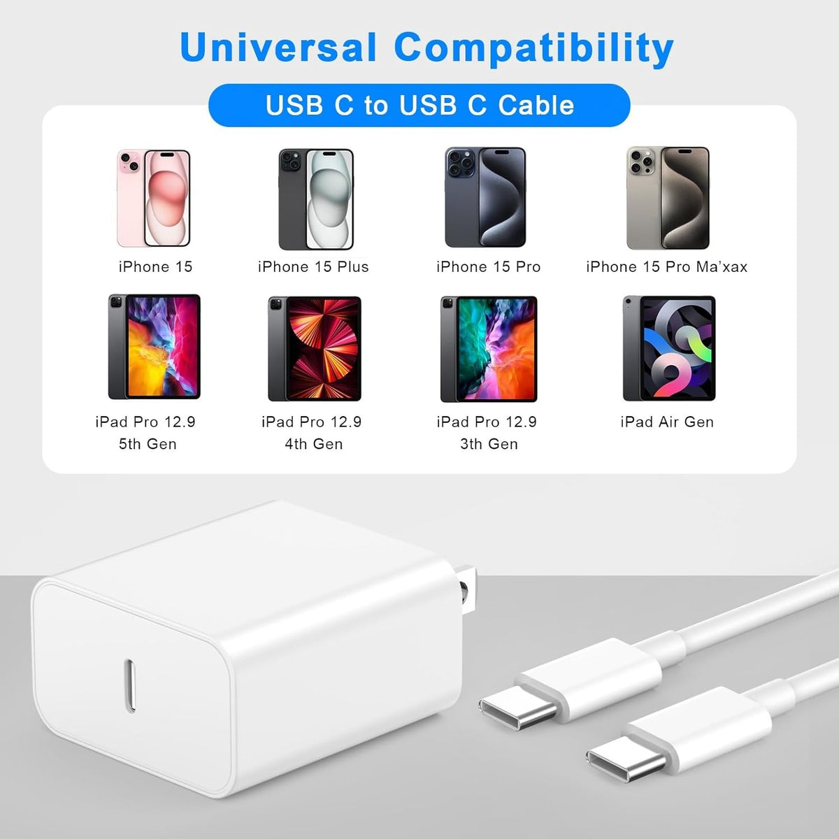 Matsusho iPhone 16 15 Charger Fast Charging 10 FT, 2 Pack 20W USB C Wall Charger Block with 10FT Long Type C to C Charging Cable for iPhone 16/16 Plus/16 Pro/16 Pro Max/15/15 Pro/15 Pro Max/15 Plus
