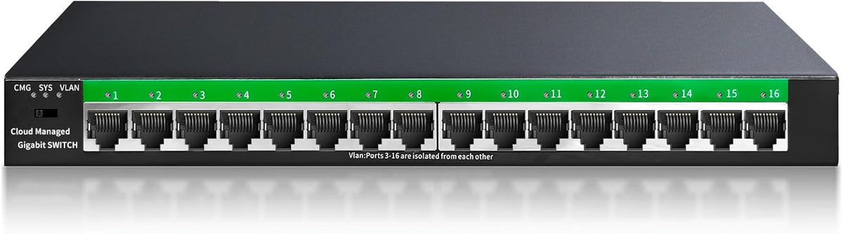 STEAMEMO 16-Port Gigabit Ethernet Switch | Smart Managed with VLAN & QoS | Plug & Play Desktop/Wall Mount Network Switch | Metal Enterprise Switch(Includes Power Adapter)