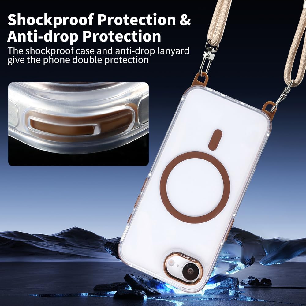 for iPhone 16e Case with Adjustable Phone Lanyard Strap, Compatible with MagSafe, Shockproof Military-Grade Protection, Magnetic Phone Case, Classic Clear Brown Hybrid Case, Yellowing Resistant