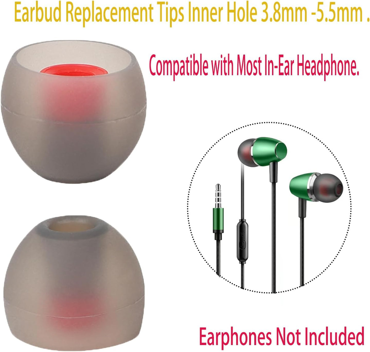 9 Pairs Earbud Tips,Silicone Replacement Earbud Tips Inner Hole 3.8mm -5.5mm, Headphone Ear Cover Fit Most in-Ear Headphones,Black Red(SML)