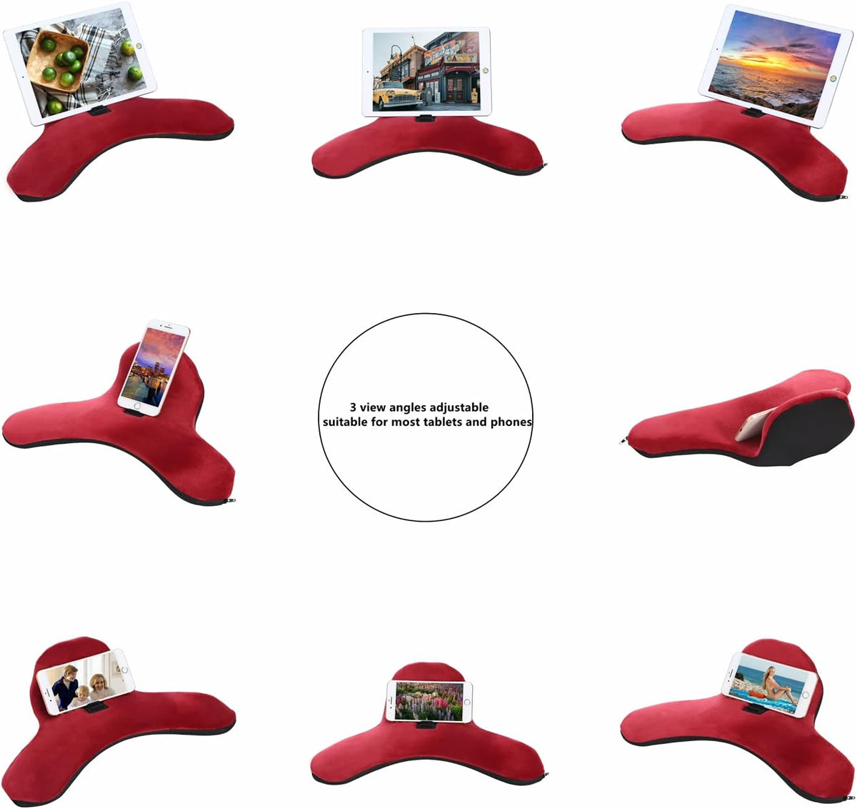 Pillow Cushion Multi-Angle Soft Tablet&Phone Stands, Pad Pillow Holders with Adjustable Angle Control for Pad Air, Pad Mini, Pad Pro, iPhones, Tablets, eReaders, and More (Wine Red)