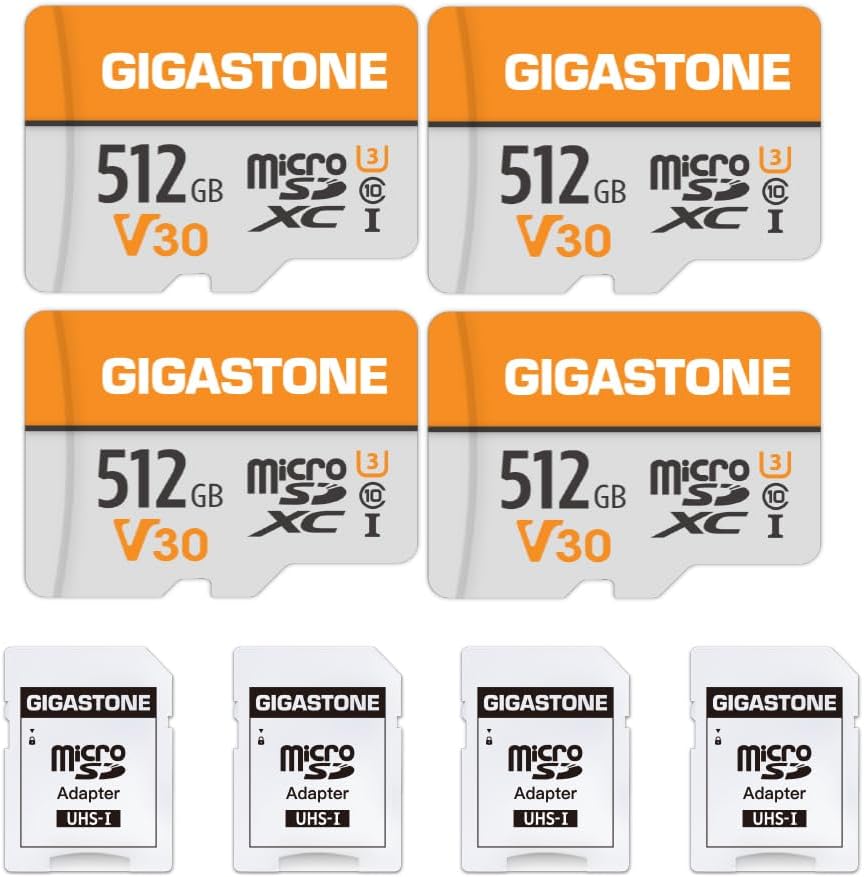 GIGASTONE 512GB Micro SD Card 4-Pack, A1 V30 4K Video Recording, Surveillance, Security Camera, Action Camera, Drone, 100MB/s MicroSDXC Memory Card UHS-I Class 10