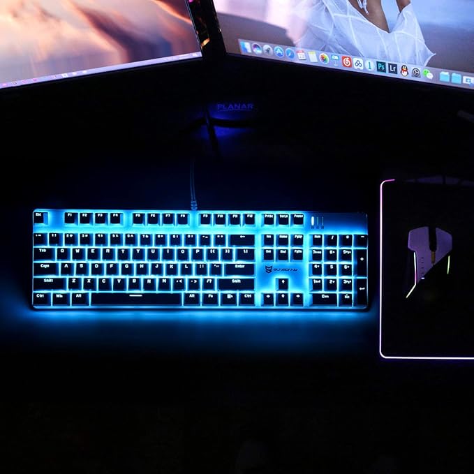 Hot Swappable 104 Keys Full Size Mechanical PC Gaming Keyboard | Blue Switch White Mechanical Wired Computer Keyboards | LED Backlit 104 Keys US Layout Light Up Wired Gaming Keyboard