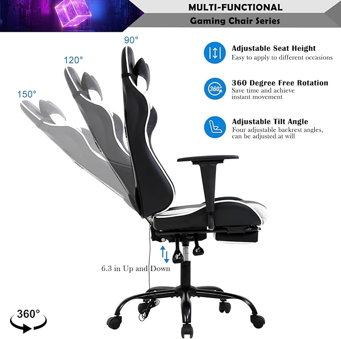 Video Game Chair Ergonomic PC Gaming Chair PU Leather Computer Game Chair with Headrest and Footrest Adjustable Armrest High Back Lumbar Support Racing Swivel Chair for Adults Kids White