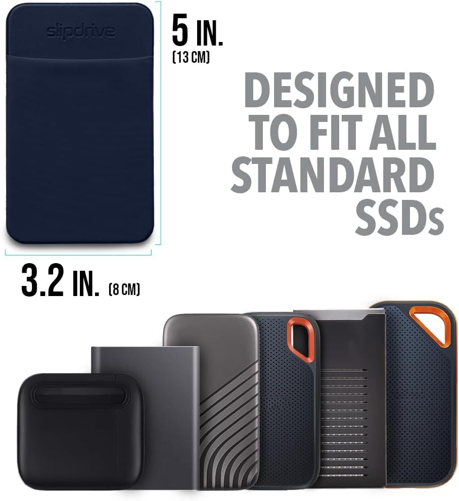 Slipdrive - Portable Hard Drive Sleeve for Laptop - SSD Solid State Drive - Reusable Adhesive - 5” x 3.2” Stick on External Hard Drive Carrying Case - Travel Pocket Pouch (Small, Navy Blue)