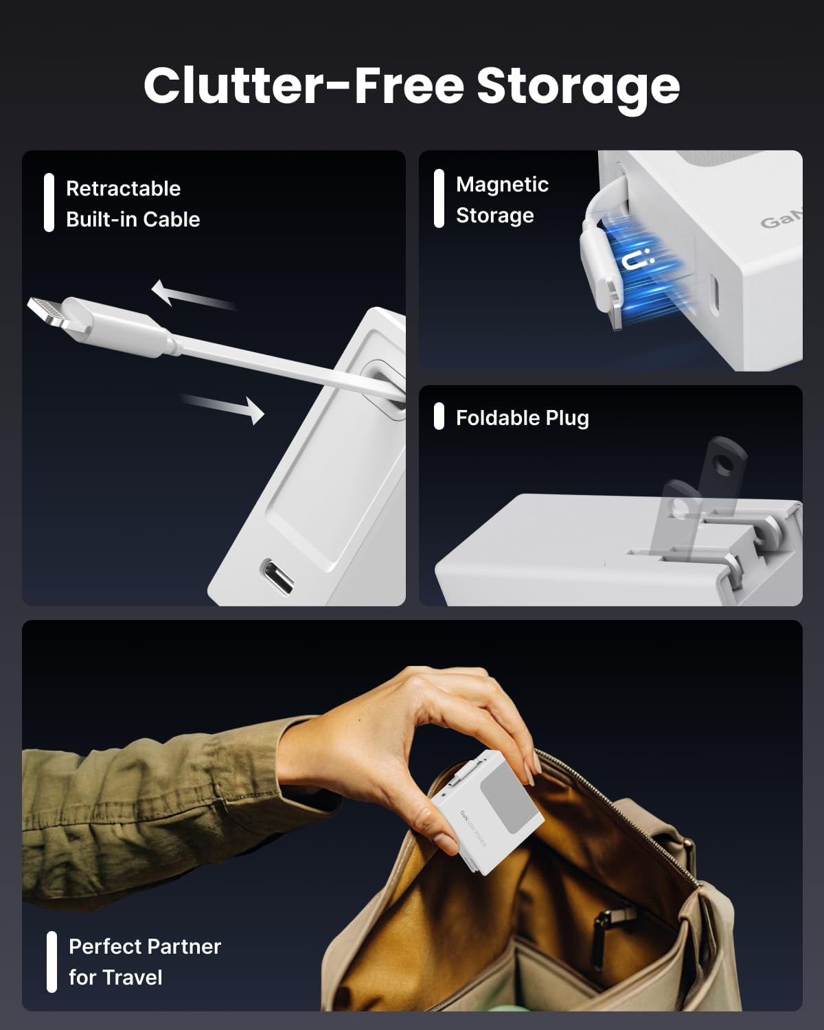 Portable USB Phone Charger Block, Retractable Wall Charger with 31.5in Retractable Lightning Cable, 40W Fast Charging Block with USB C Port, Power Adapter with Foldable Plug for iPhone14/13/12