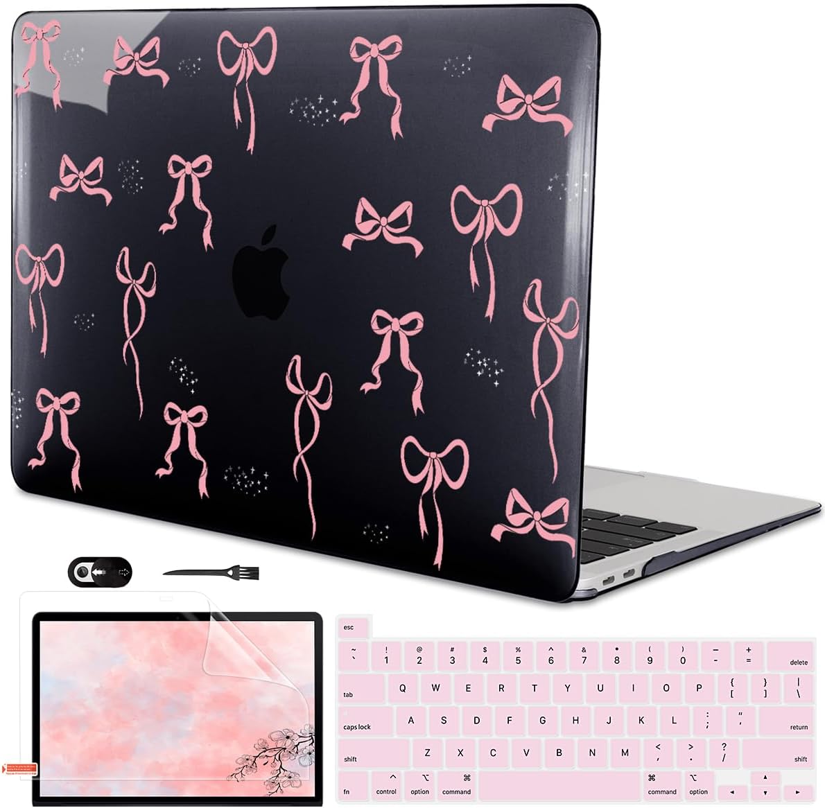 for 2020 2021 2022 MacBook Pro 13 inch Case M2 M1 A2338 A2289 A2251 with Touch Bar & Touch ID, Printed Pattern Plastic Hard Shell Case Keyboard Cover Screen Protector, Pink Bowknot Black