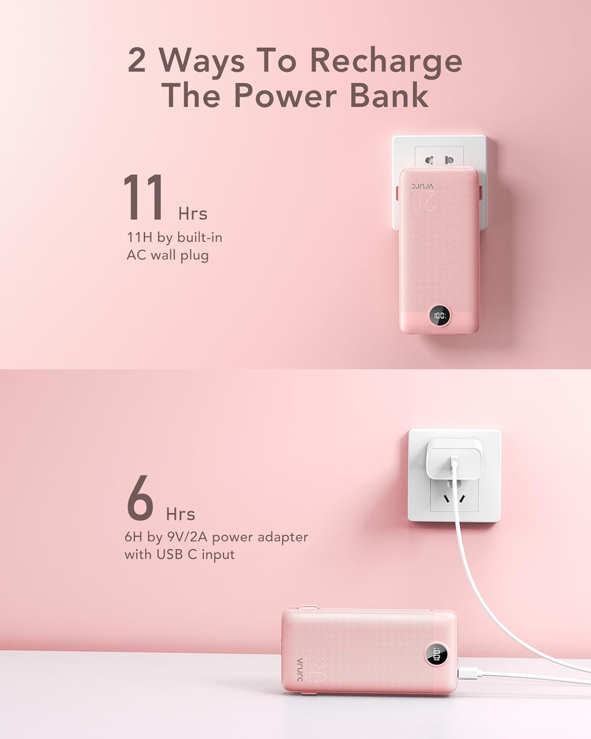 VRURC Portable Charger 20000mAh, Fast Charging Power Bank USB C,4 Output 2 Input Travel Essentials Charging Bank Equipped with LED Display,Built-in Wall Plug and Cables,Phone Charger Battery,Pink