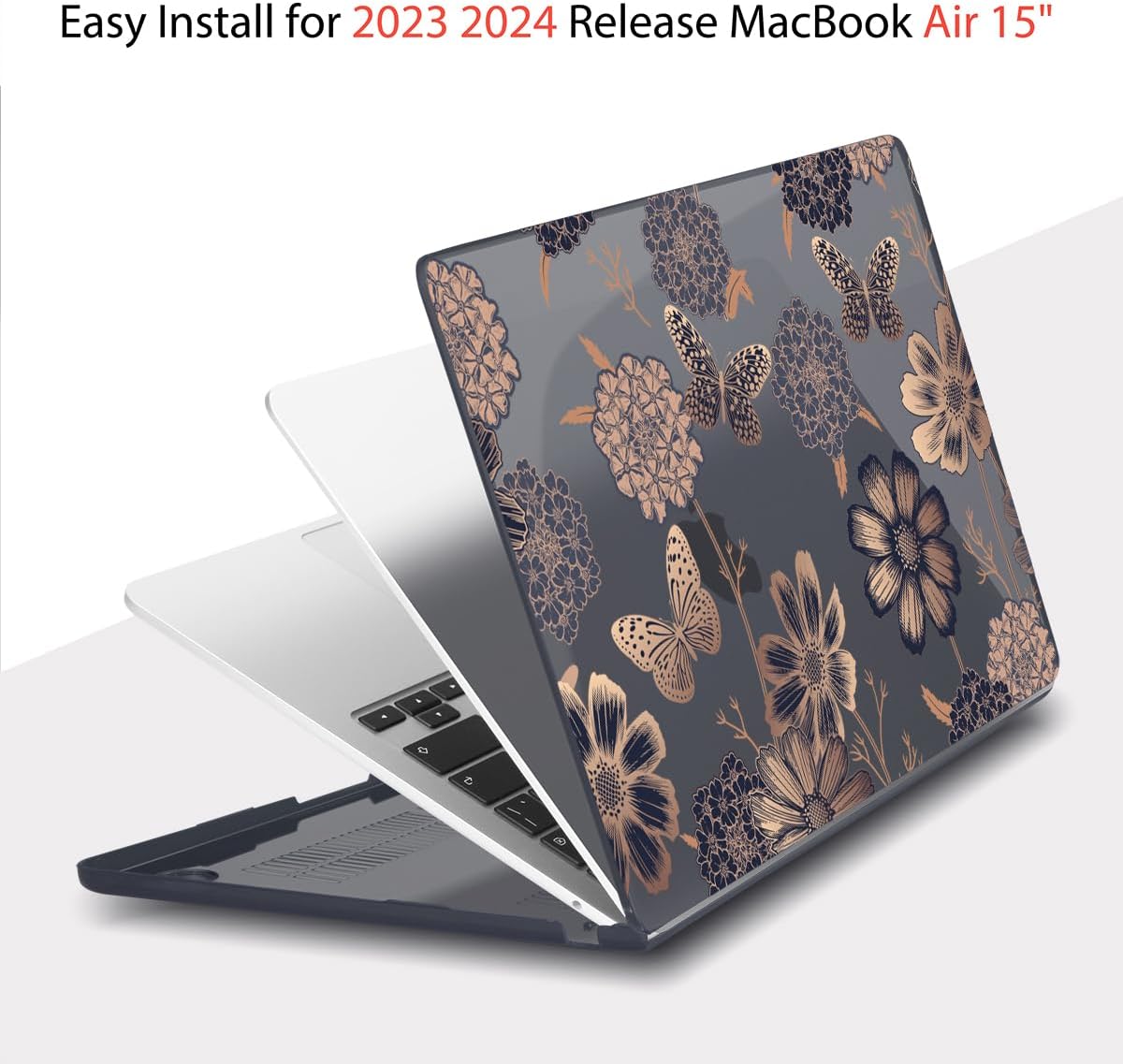 Teryeefi Compatible with M3 MacBook Air 15 inch Model A2941 [2023 2024], Designed Hard Shell Case & Keyboard Cover & Screen Protector,Flowers & Butterfly