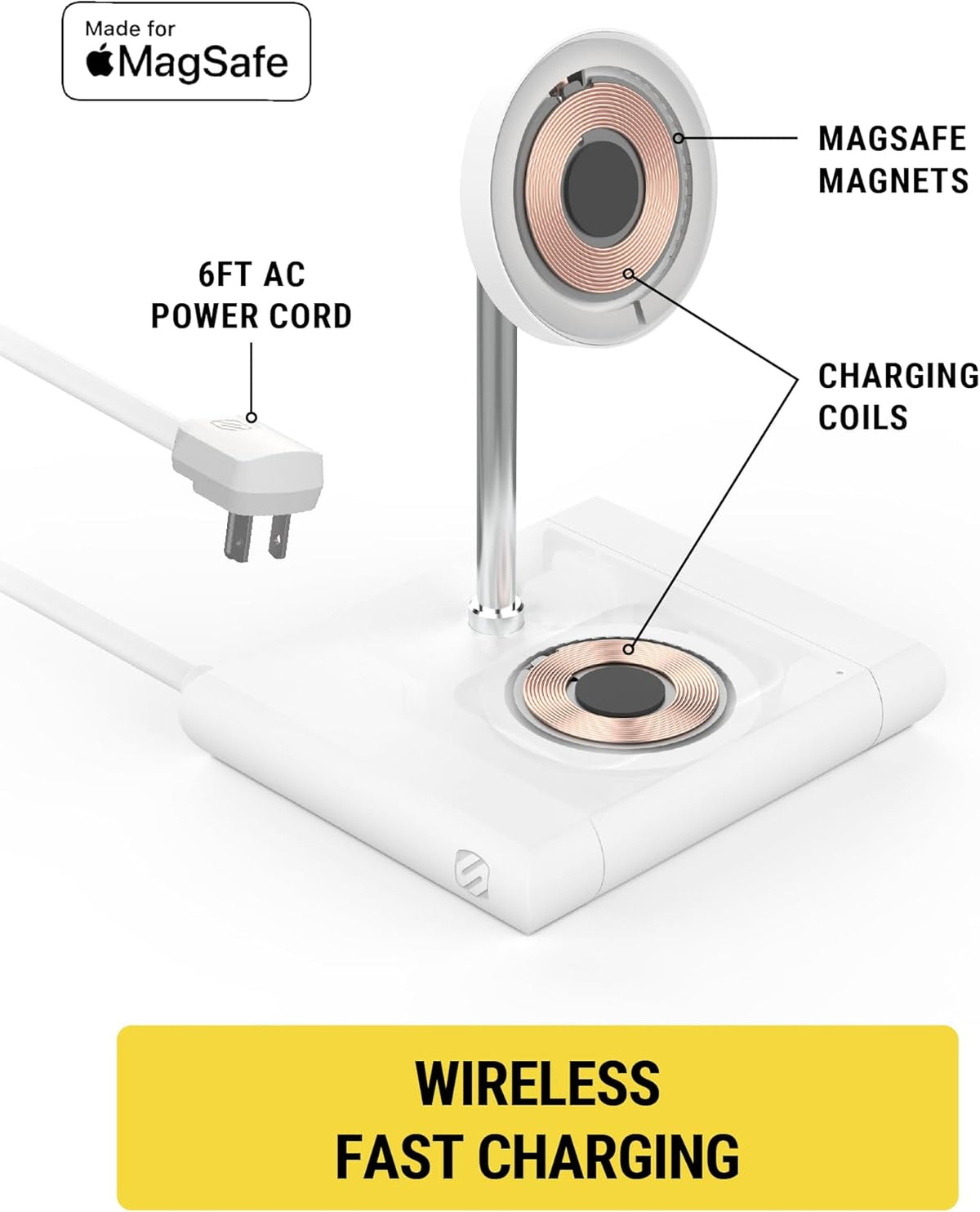 Scosche BL2MSiQWT-AP BaseLynx™ 2.0 2-in-1 Modular Charging Station with MagSafe, 15W Fast Wireless Charging Phone Stand Compatible w/Apple iPhone 15/14/13/12 Series, 5W Charger Pad for AirPods, White