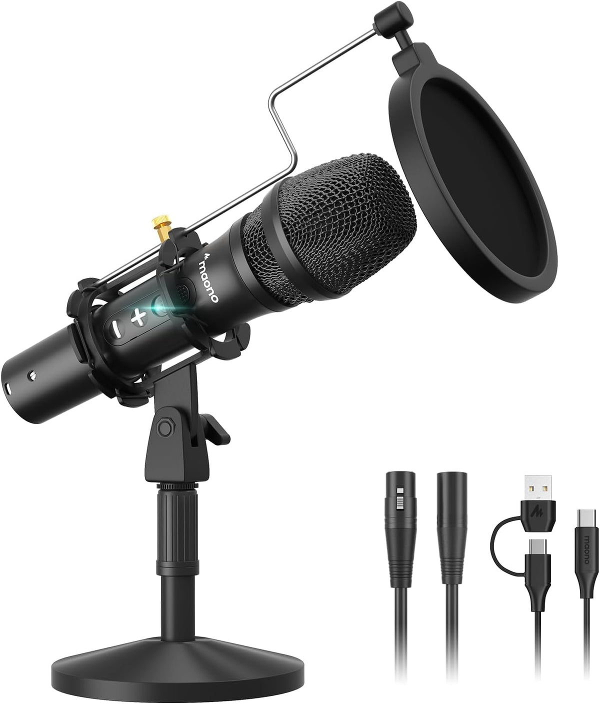MAONO USB/XLR Podcast Dynamic Microphone, Studio Mic Kit with Volume Control, Shock Mount, Pop Filter, Ideal for Vocal, Instruments Recording, Voice Over, Live Streaming (HD300T)