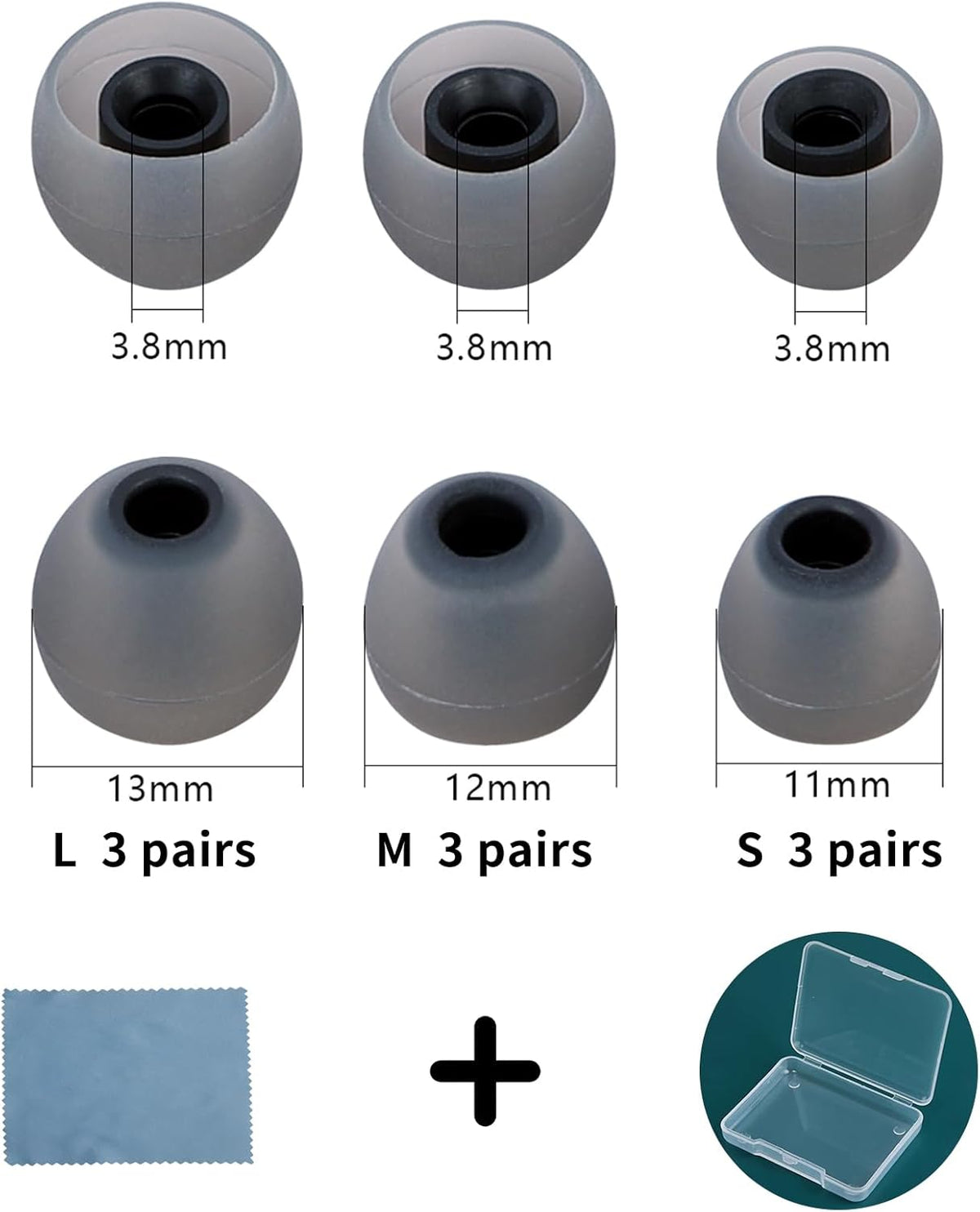 Earbud Tips Soft Anti Slip Washable Reusable Silicone Fit Most In-Ear Earbuds (Inner Hole 3.8mm-5.1mm) 18pcs S M L