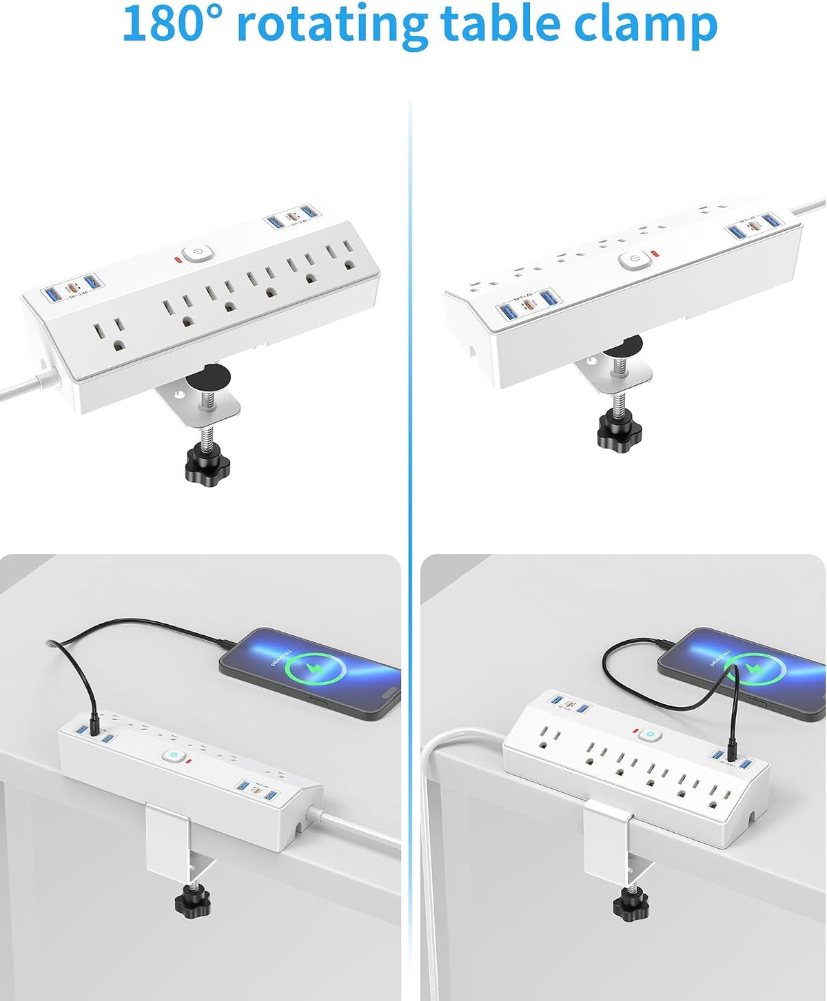 Fararaka 40W 6 6USB (2USB 1.8" 10Ft Desk Clamp Power Strip, Fast Charging Station, Desktop Mount Surge Protect