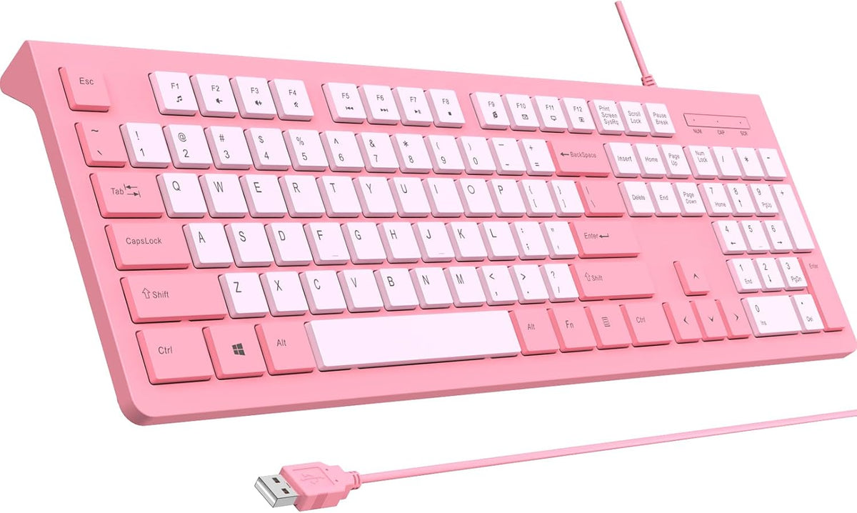 Computer Keyboard Wired, Plug Play USB Keyboard, Low Profile Chiclet Keys, Large Number Pad, Caps Indicators, Foldable Stands, Spill-Resistant, Anti-Wear Letters for PC Laptop (Rose Pink, 1-Pack)