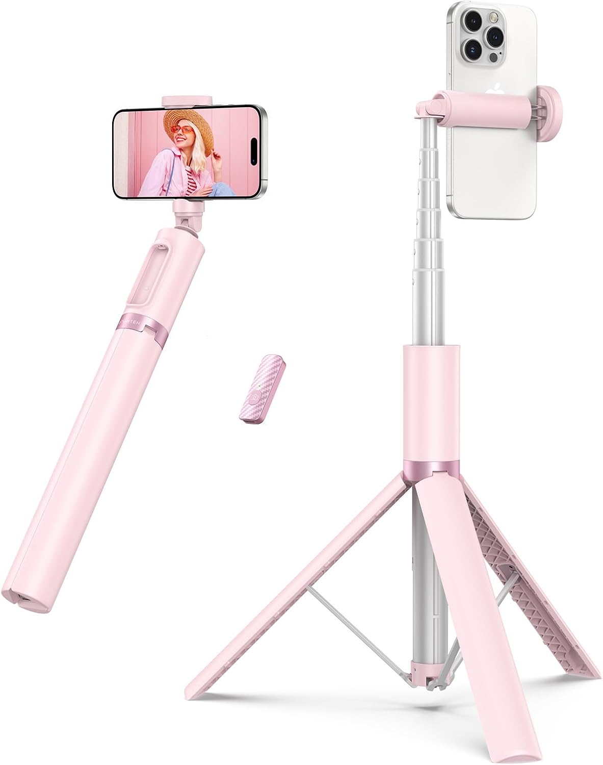 ATUMTEK 55" Selfie Stick Tripod, All-in-one Extendable Aluminum Phone Tripod with Rechargeable Bluetooth Remote for iPhone and More, Fitting 4.7-7 inch Smartphones, Pink