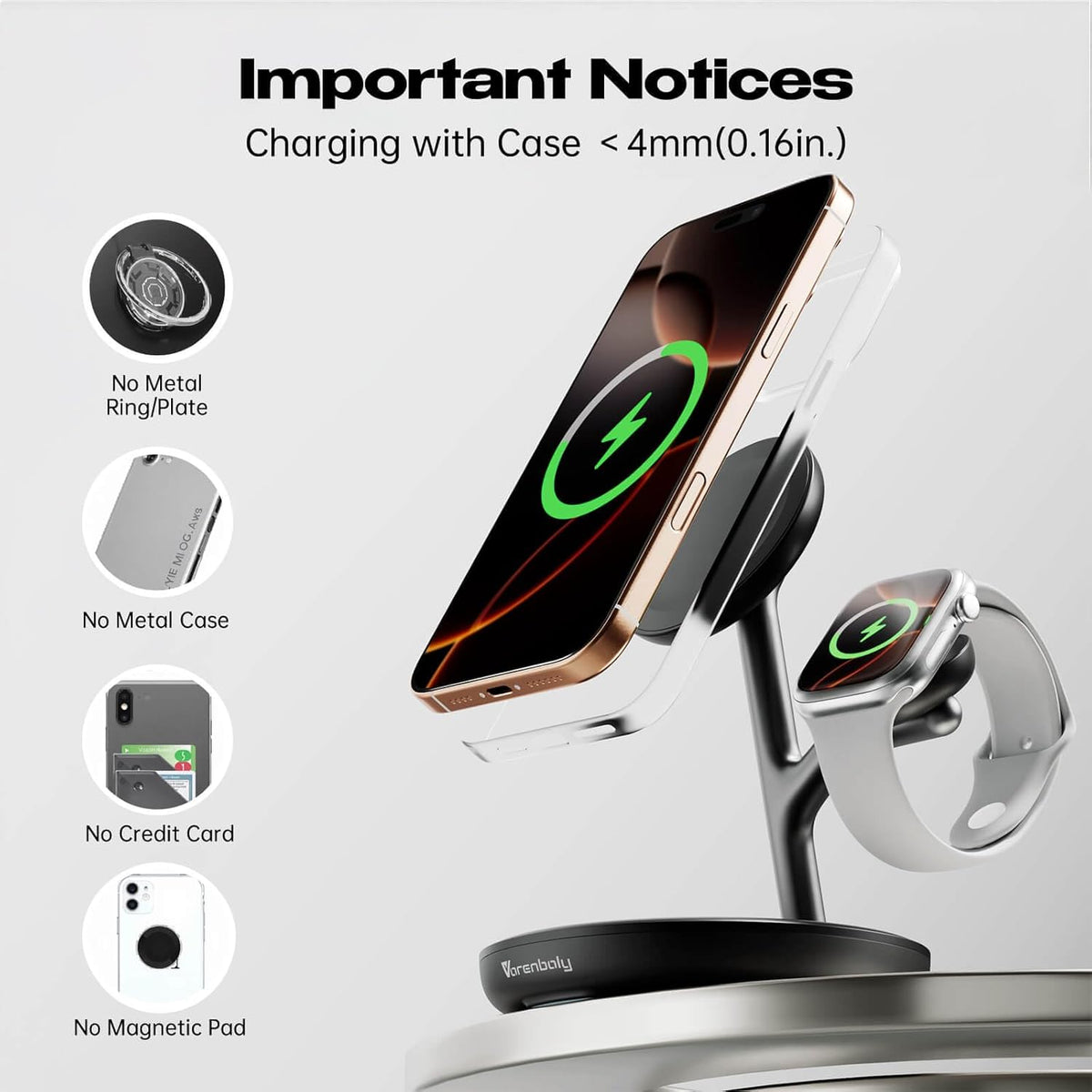3 in 1 Wireless Charging Station for Multiple Devices Apple Magsafe Charger Stand, Mag-Safe Wireless Charger Dock for iPhone 16 15 14 13 12 Series Apple Watch Airpods Nignt Stand Charging Dock(Black)
