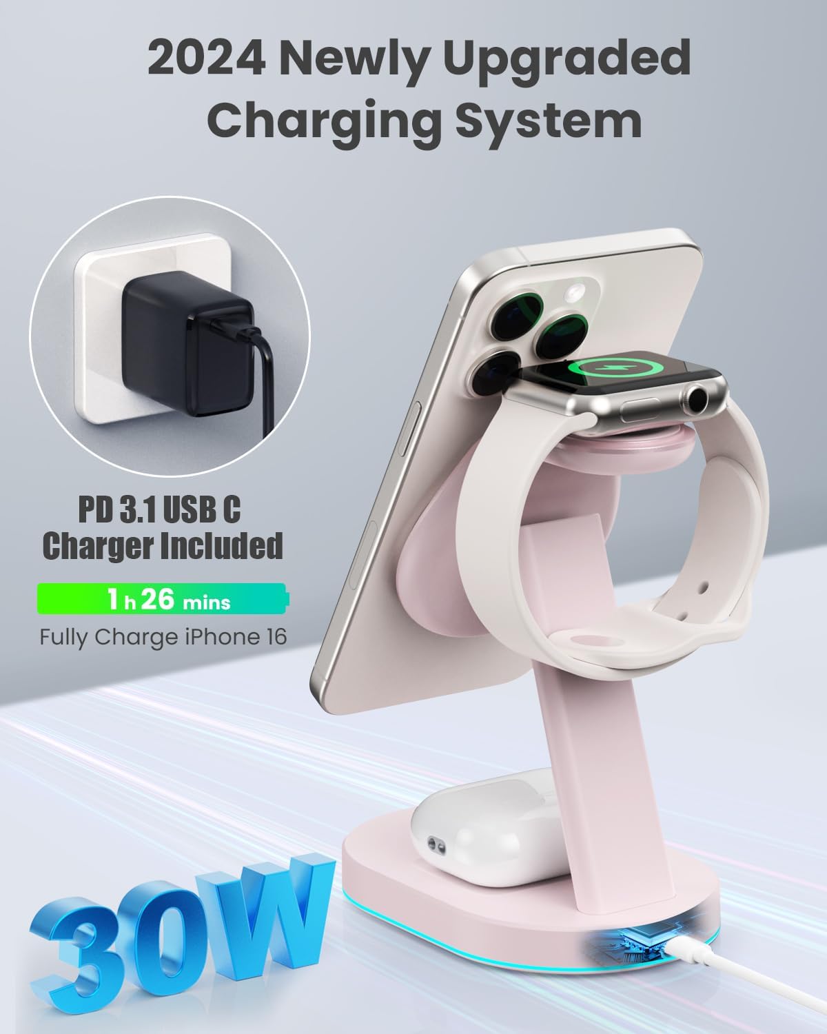 3 in 1 Wireless Charger Charging Station for iPhone,Qi2 Certified 15W Magnetic Charging Stand for Mag-Safe with 30W USB C Adapter&Friendly Night Light for iPhone 16/15/14/13/12,Apple Watch,AirPods