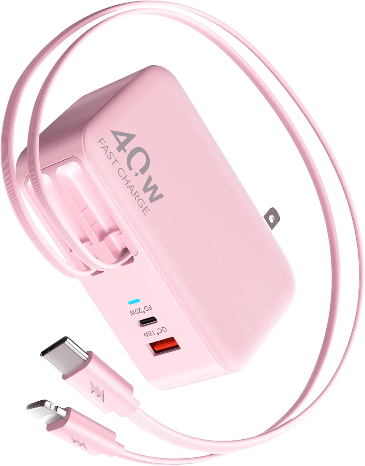 4-in-1 Retractable Gan Wall Charger Plug,Travel Essentials Brick Multiport USB Ports,3ft Lightening and Type c Cables,40W Multi Fast Charging Foldable Block for iPhone 16/15/14/13,iPad,Galaxy,Pixel